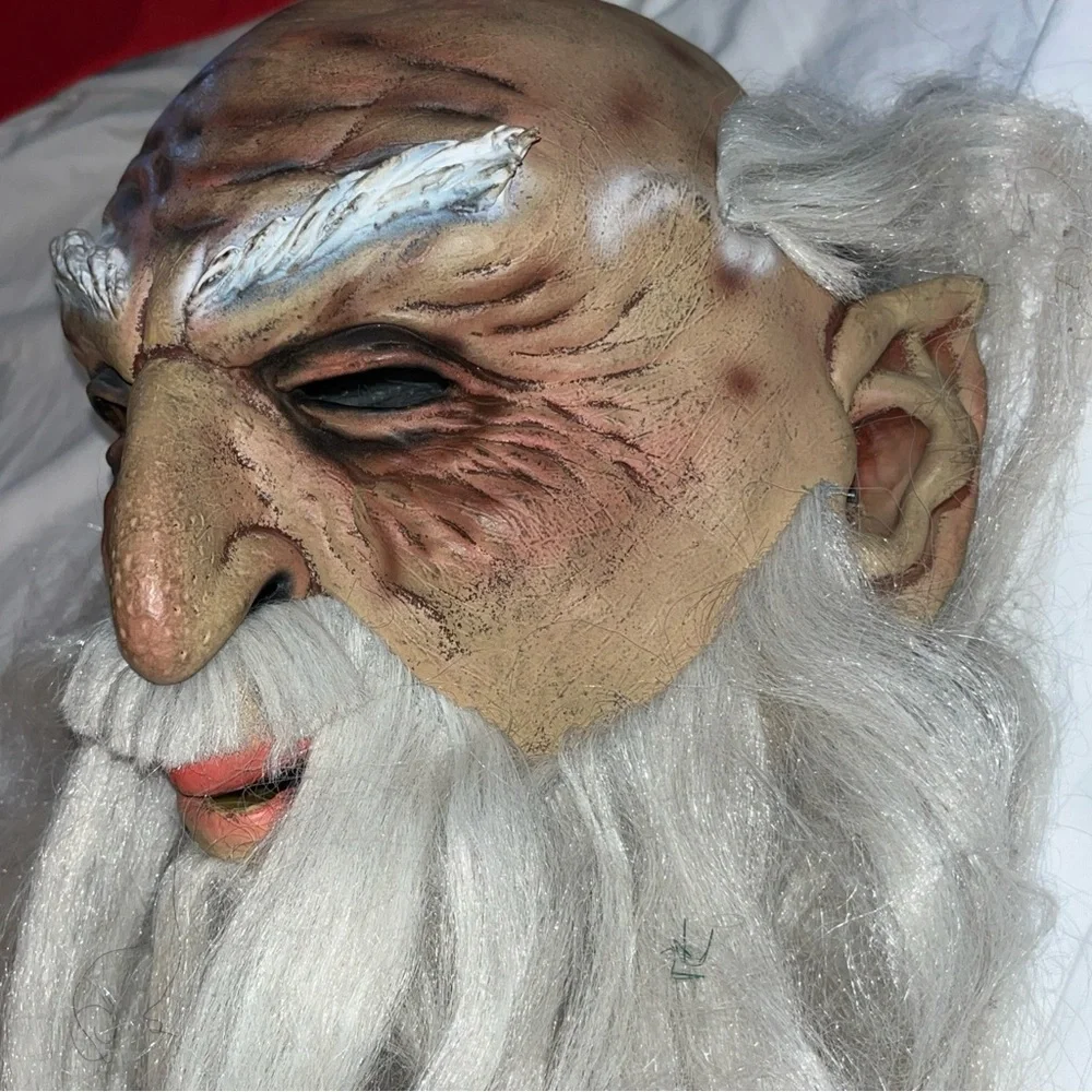 Vintage 2003 OLD MAN Mask WIZARD Full Head White Hair Beard Pointed Elf Ears VTG